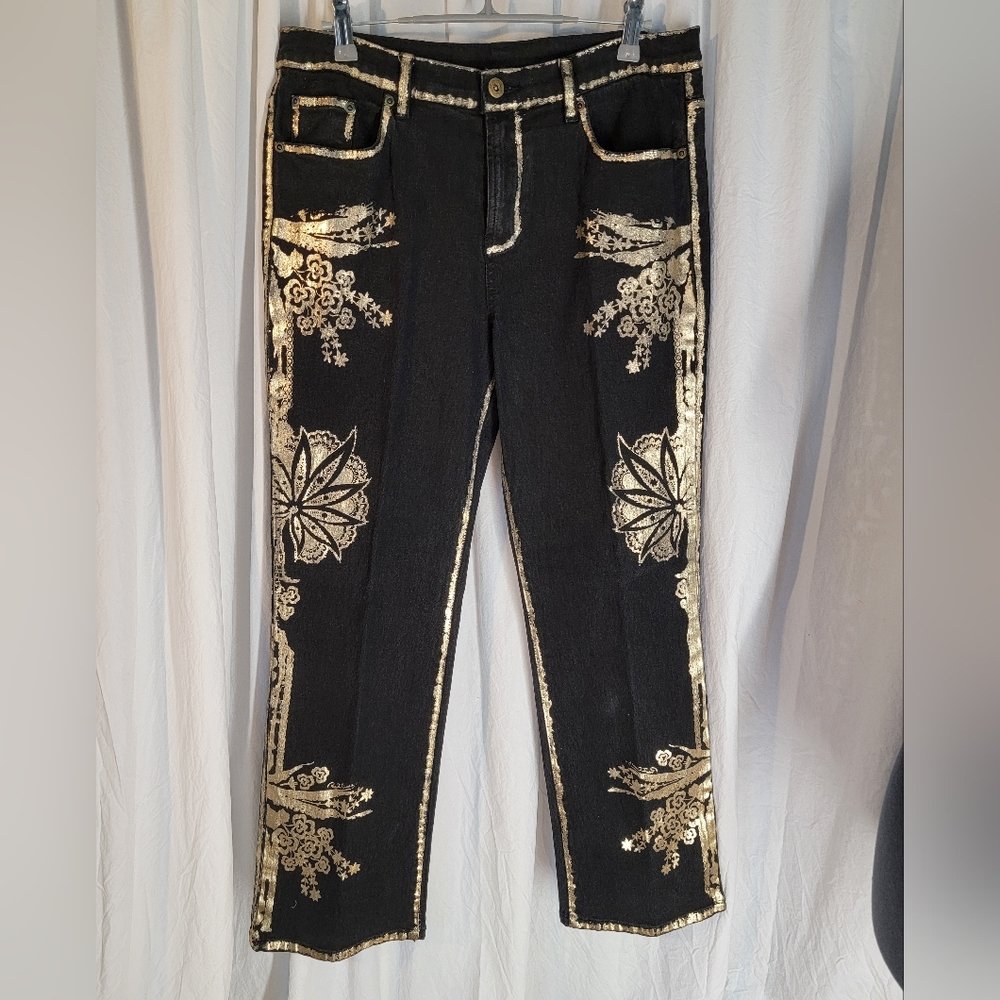DG2 Black Stretch Jeans with Gold Floral Foil Accents